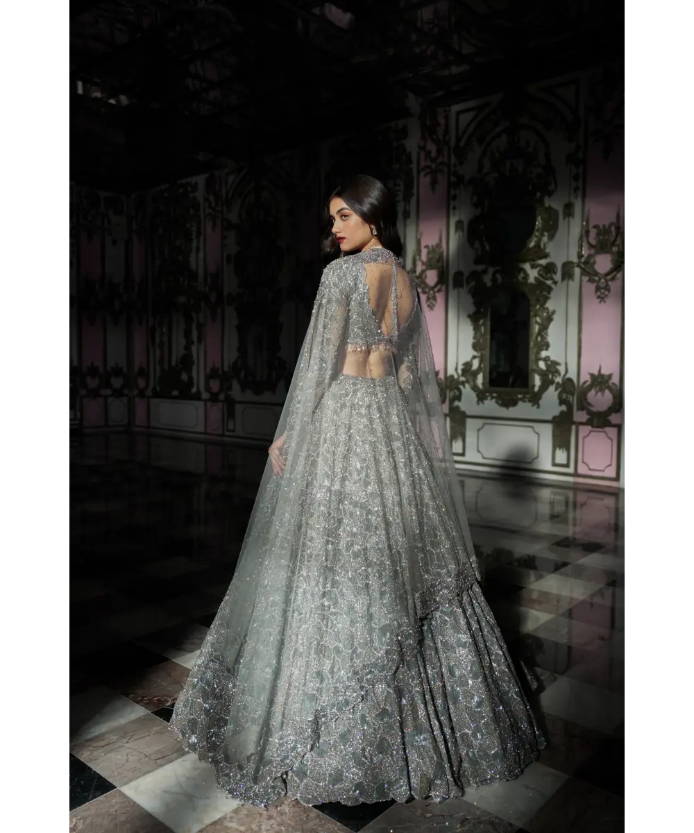 SEEMA GUJRAL- Light Grey Sequin Lehenega Set